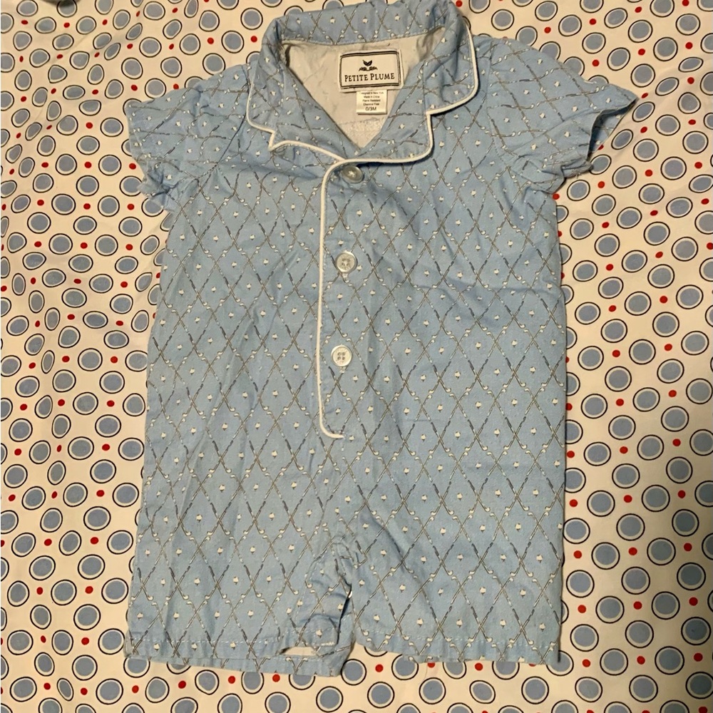 Petite Plume Light Blue Quilted Short-Sleeve Romper